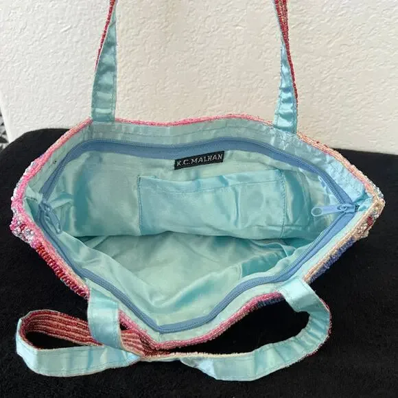 Vintage K.C Malhan Multicolor Hand-Beaded Shoulder Bag with Flower Motif Retro - Picture 6 of 8